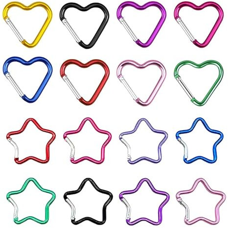 16 Stück Karabiner Herz und Stern, Aluminium Karabinerhaken Klein, Karabiner Schlüsselanhänger Bunt 8 Herzform und 8 Sternform Karabinerhaken Set für Wandern Camping