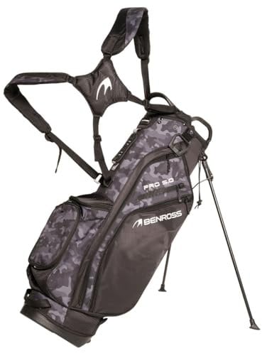 Benross Pro 5 Golf Stand Bag with 6-Way Club Divider & Travel Support Rod - Lightweight Water-Resistant Carry Bag with Dual Straps & 5 Pockets - Black Camo