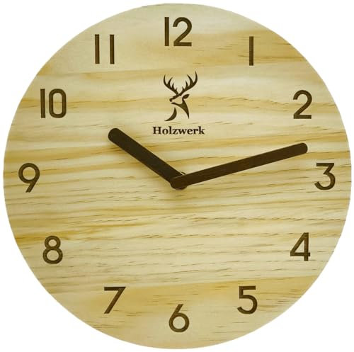Holzwerk Natur Wanduhr Holz-Uhr Vintage lautloses Uhrwerk ohne Tickgeräusche Grün lautlos aus handgefertigtem Massivholz Natur Holz mit Hirsch Motiv (HW.Buche.)