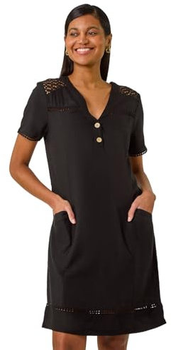 Roman Originals Linen Mix Button Shift Dress for Women UK - Ladies Everyday Holiday Spring Summer Notch Neckline Comfy Soft Evening Vacation Work Party - Black - Size 12
