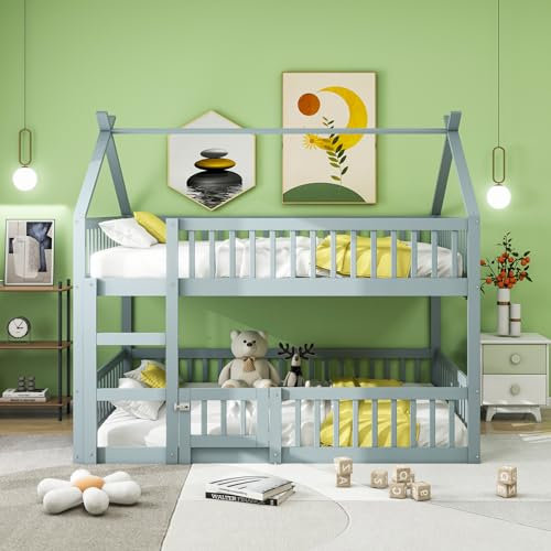 FAYICIC Kinder-Etagenbett 140x200, Kinder-Familienbett, Etagenbett mit Treppe, Loft Design, Massivholz-Rahmen (Grau)