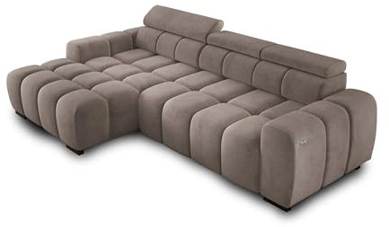 DomiMeble Ecksofa OMBO 285x168x77/97 cm, Linke Seite Mit Schlaffunktion, Elektrisch Ausziehbarer Sitzfläche, Verstellbaren Kopfstützen, Dunklen Buchenholzfüßen, Hydrophobem Salvador-Bezugstoff - Grau