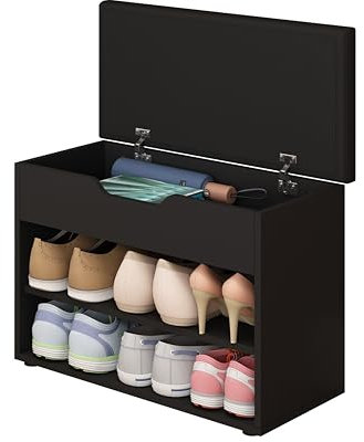 Chebinsiti Shoe Storage Bench with Cushion, Hallway Shoe Bench with Lift Top Storage Box, 2-Tier Shoe Rack Bench, Adjustable Shelf, for Hallway, Bedroom, Cloakroom Black