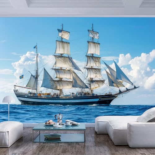 Fototapete 3D Effekt Tapete Schlafzimmer meer segelboot blau landschaft Bild Dekoration Wand-Dekor Moderne Motiv-Tapete Panorama Poster XXL Möbelfolie