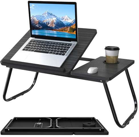 Suusolny Laptoptisch Verstellbarer Laptop-Tisch Betttablett Klappbar mit Cup Slot Lapdesk für Sofa Arbeit Studium Lesen Beistelltisch Notebooktisch mit Leseklappe Tragbarer Lapschreibtisch - Schwarz