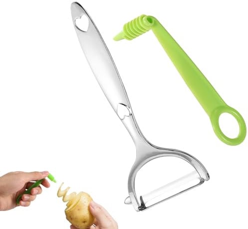 Lyreh Green Spiral Cutter with Metal Potato Peeler, Manual Vegetable Spiralizer Knife Ergonomic Grip Slicer Peeler Tool for Fruits Cucumber Carrots Kitchen Accessories Multifunctional Kitchenware
