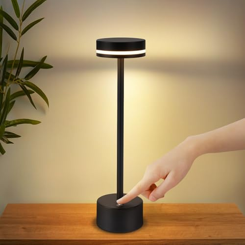 meoaow Tischlampe Kabellos LED Tischleuchte Akku - Nachttischlampe Dimmbare 3000K-6500K mit USB-C Touch Lampe Schwarz Tischlampen für Schlafzimmer Esszimmer Büro