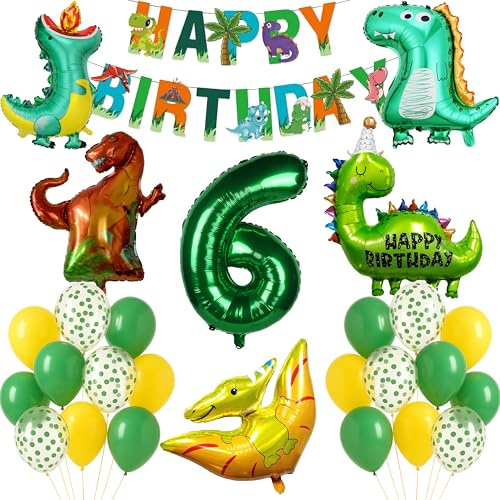 Dinosaur 6th Birthday Decorations Boys Dino Party Supplies Set Jungle Theme Happy Birthday Banner Number 6 Foil Balloon T Rex Dino Figure Pteranodon Stegosaurus Balloons Green Photo Backdrop