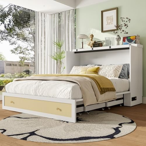 VIVCA Armario de cama, 140 x 200 cm, con cajones en el extremo de la cama y estante en la cabecera de la cama, con USB y enchufe, cama con plataforma convertible, sin colchón (blanco)