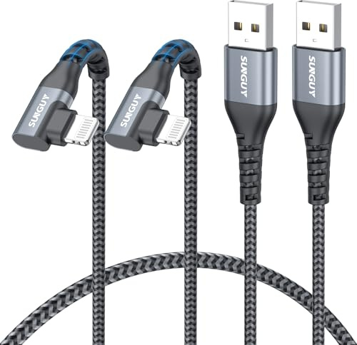 SUNGUY USB-A to Light-ning Cable Right Angle,[2FT 2Pack] Short USB to Light-ning Charger Cord 90 Degree Nylon Braided Compatible with i-Phone 14/13/12/11 Series X SE i-Pad9/mini -Grey