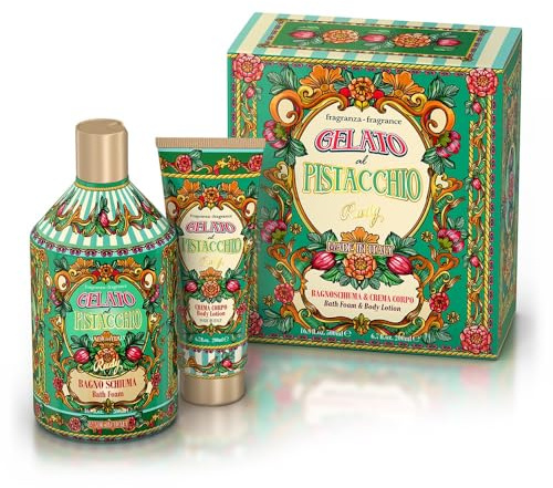 Rudy Gelato al Pistacchio Set Regalo, Bagnoschiuma 500ml e Crema Corpo 200ml, Fragranza Speciale in Confezione Decorativa Floreale