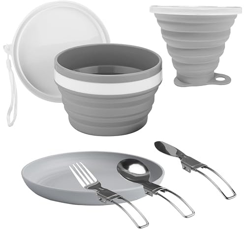 HAAYATT Camping Mess Kit – Collapsible Silicone Bowl, Plate & Cup Set with Spork, 6-Piece Foldable Lightweight Microwave-Safe Travel Dinnerware for Hiking, Camping & Picnics