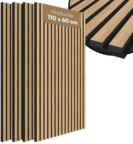Bellamio Kilwa Akustikpaneele 110x60 cm, 4er-Set, Holzoptik Eiche, 3D | Wandpaneele, Wandverkleidung, Akustik Holzpaneele als Schallabsorber, Lamellenwand für Innen, Wall Panel mit Schallschutz