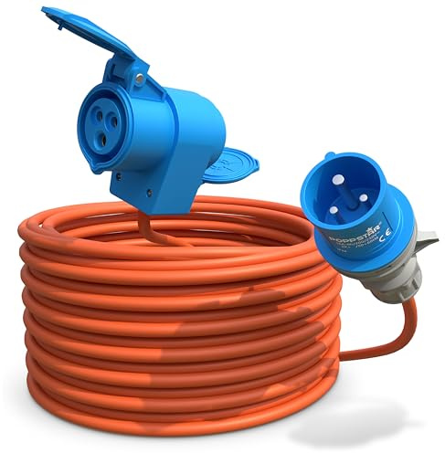 Poppstar Camping CEE Kabel 15m mit Schuko (CEE Stecker 3-polig auf CEE-Dose + Schutzkontakt-Steckdose Typ F), 230V/16A, IP44, H07RN-F 3G2.5