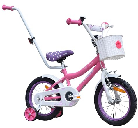 MIRAVO Kinderfahrrad Fahrrad Kinder Mit Schubstange V-Brake Bremsen Rückstrahl Aufkleber 12 14 16 20 Zoll Radgröße Korb Für Mädchen Luna Pink