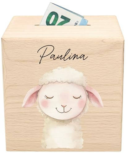 Schaf Spardose für Kinder personalisiert Bauernhof Tiere Sparbox aus Holz Sparschwein mit Schlüssel Geschenk für Jungen & Mädchen Holzspardose