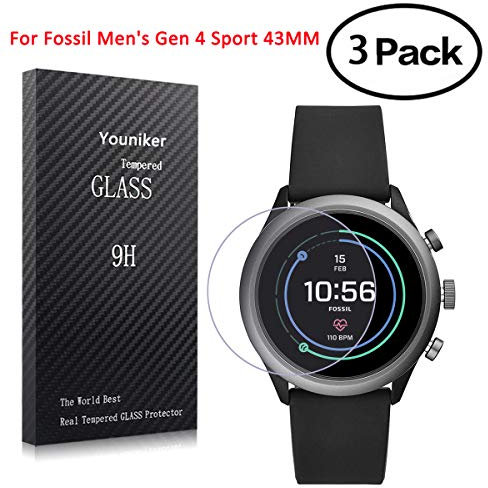 Youniker 3 Pack para Fossil Sport 43mm 2018 Protector de pantalla de vidrio templado para hombre Fossil Gen 4 Sport 43mm Protector de pantalla de vidrio 9H 0,3mm Anti-arañazos Antihuellas Burbujas