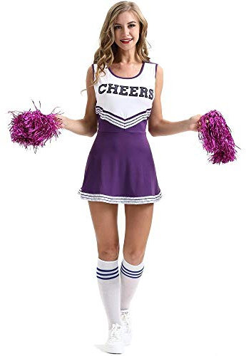 fagginakss Damen Cheerleader Cheerleading Kostüm Mädchen Uniform Karneval Fasching Party Halloween Kostüm Kleid Minirock Bekleidung mit 2 Pompoms