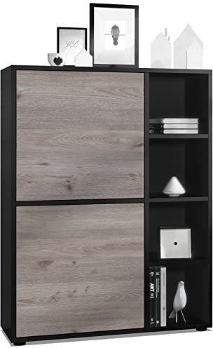 Vladon Highboard Schrank Anrichte Cuba mit 8 Fächern, Made in Germany, Korpus in Schwarz matt/Fronten in Eiche Nordic