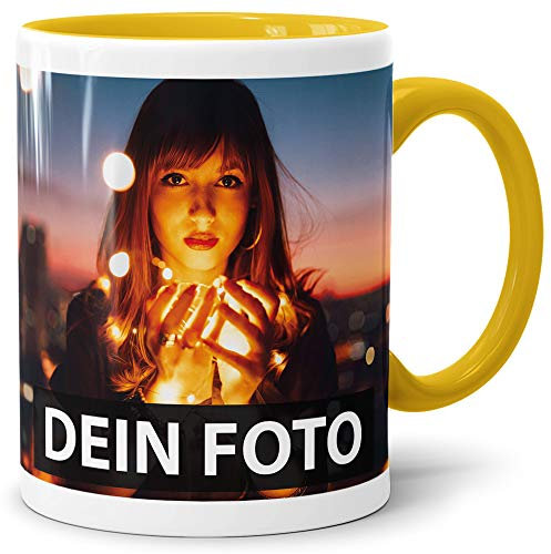 Foto-Tasse zum selbst gestalten mit Foto und Text/mit individuellen Druck in Profiqualität/Personalisierte Geschenk-Idee mit Bild/Gelb