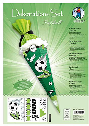 Ursus 9880017F Dekorations Fußball, DIN A4, Set mit Materialien zum Dekorieren Einer Schultüte, mit 4 Bogen Bastelkarton 350 g/qm, (beidseitig Bedruckt und vorgestanzt) sowie Satinband, bunt
