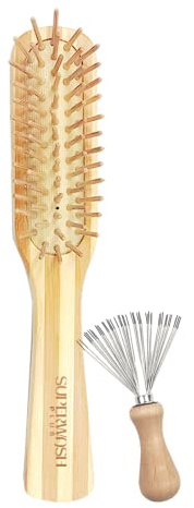 Cepillo de pelo de madera de bambú con rastrillo de limpieza para mujeres, hombres y niños, cerdas de bambú natural, cepillo plano para todo tipo de cabello