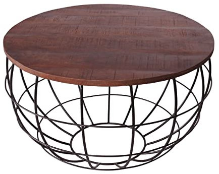 kreatives Wohnen Couchtisch rund ø 75 cm Wohnzimmer-Tisch Massivholz London Metall Gitter Drahtgestell braun-Bassano, Holz, Extra breit