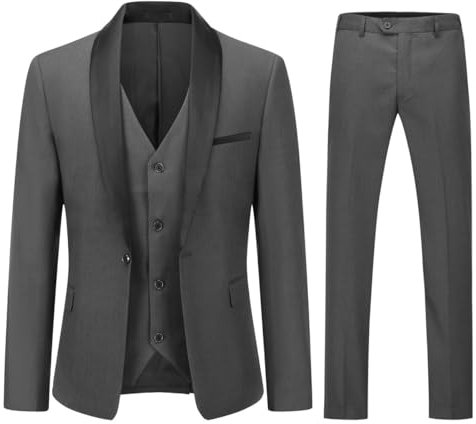 YOUTHUP Herren 3 Teiliger Slim Fit Anzüge Hochzeit Party Herrenanzug Schalkragen Smoking Sakko Hose Weste, Dunkelgrau, L