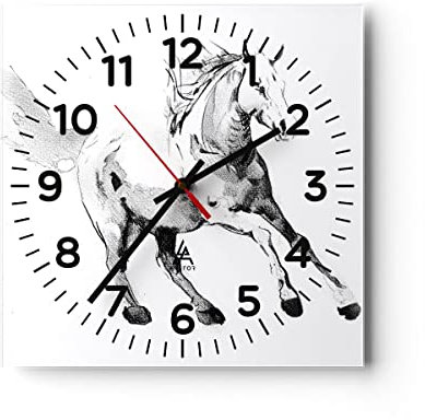 Modern Wanduhr Pferd Galopp Tier 40x40cm Quadrat Groß Wand Uhr Glas Analog Zimmeruhren Küche Büro Wohnzimmer Glasuhr Wall Clock Dekoration Design Wanddekoration Küchenuhr C4AC40x40-5117
