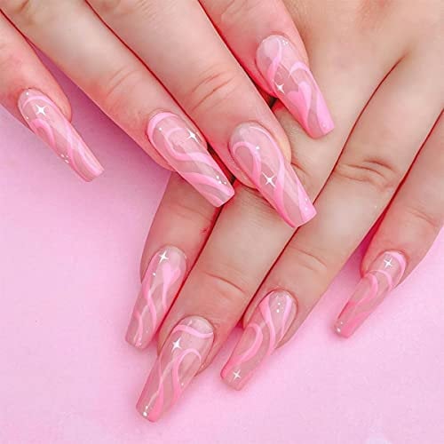 24PCS Pink False Nails with Glue Stickers,Medium Coffin Full Cover Acrylic and Press on Nails no Glue,Starlight Wave French Fake Nails Stick for Women and Girls Nail Art.