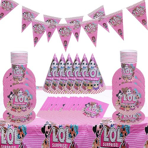 78 Pcs Überraschung Puppen Partygeschirr Set, Rosa Cartoon Partygeschirr, Kindergeburtstag Party Dekoration, Dazu gehören Teller, Tasse, Tischdecke,für Kinder Partyzubehör