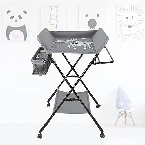 XUANYU Klappbare Baby Wickelkommode, Wickeltisch auf Rädern, Wickeltisch mit Stauraum, Höhenverstellbare 92/95/98 cm, Wickelkissen mit Höhenskala (Grau)