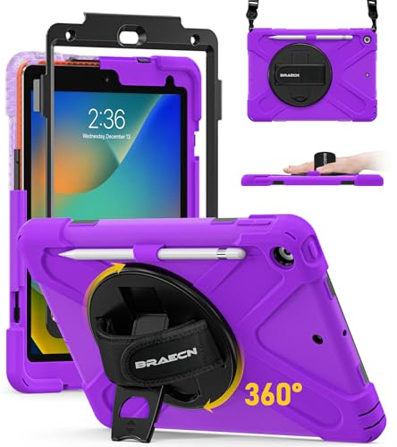 BRAECN für iPad 9th/8th/7th Generation Hülle - 10.2 Zoll 2021/2020/2019 | Robuste Stoßfeste Schutzhülle mit Displayschutz, Stifthalter, 360° Drehbarer Handgurt und Ständer, Schultergurt, Lila