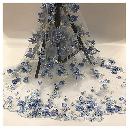 SHTGOI 1 Yard 3D Blumen Bestickte Tüll Spitze Stoff Stickereistoff mit Vier Kleeblättern Netzstoff für DIY Nähen Handgefertigte Kleidung Hochzeitskleid Heimdekoration 129,5 cm Breit Blau