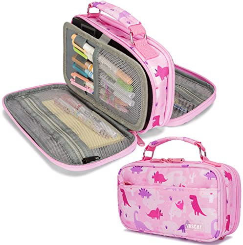 VASCHY Federmäppchen Mädchen, Mäppchen Federtasche mit 2 Fächer und Tragegriff Etui Schlamppermäppchen für Erwachsene/Schule/Arbeit/Büro,Rosa Dinosaurier