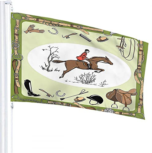 Farmhouse Flag 3x5 FT Equestrian Sport with Horse Rider England Steeplechase Grass Tree Outdoor Flags Large Welcome Yard Banners Home Garden Yard Lawn Decor