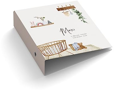 Ringordner | Ordner für Kinder | personalisiert mit Name + Geburtsdaten | Kinderzimmer | Mit Griffloch | für DIN A4 | 7,4 cm breit | Füllhöhe 55 mm | Geburt | Baby | Wiege