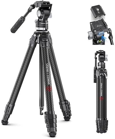 ULANZI Zero V Travel Tripod Video, Treppiede Video da 157,5 cm/62 con Testa Panoramica Fluida, Colonna Centrale Rimovibile, Treppiede da Viaggio in Fibra di Carbonio per Videocamere DSLR