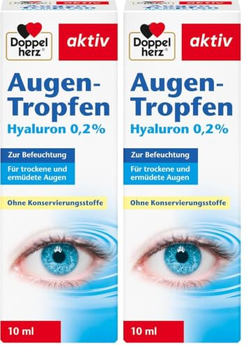 Doppelherz Augen-Tropfen Hyaluron 0,2% – Medizinprodukt ohne Konservierungsstoffe mit lindernder Wirkung bei trockenen Augen – 10 ml sterile Lösung (Packung mit 2)