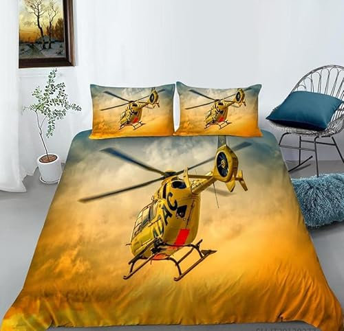 BettwäSche 155x220 Hubschrauber Bettwäsche-Sets 3er Set mit 2 Kissenbezüge 80x80 cm Bettbezüge 155 x 220 aus Mikrofaser mit Reißverschluss Schließung Weich für Kinder Jungs