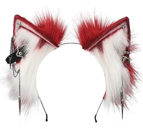 Kidukso Katze Ohren Kopfbedeckung Tier Ohren Kopfschmuck Metall Punk Stirnband Coole Katzenohren Haarband Halloween Cosplay Kopfbedeckung Anime Requisiten für Erwachsene Frauen Männer, Burgunderrot