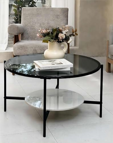Artloge Table Basse Salon Ronde en Verre: Table Basse Grise Design 2 Plateaux Table Meuble de Salon Modern avec Un Plateau en Pierre Frittée 4 Pieds - 80x80x47.5cm