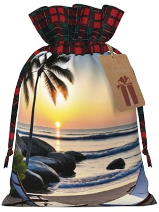 MIXMEY Sea Palm Tree Print Christmas Gift Bags Xmas Present Bags With Gift Tag Candy Bags For Wrapping Gifts For Halloween Birthday Wedding (S/M)