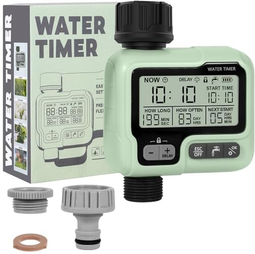 AQXONG Temporizadores para Mangueras, Temporizador de Riego Automático, Temporizador de Riego de Jardín con Pantalla LCD, Modo de Bloqueo para Niños/Riego Retrasado por Lluvia/IPX5 Resistente al Agua