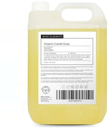 Basic Elements Organic Castile Soap | 5 Litre | 100% Pure & Natural Liquid Soap Base | Unscented & SLS Free | Ideal for Face, Body, Hands, Pets & Cleaning | Vegan & Biodegradable