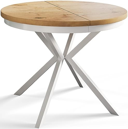 Esszimmertisch BERGO, Durchmesser: 90-170 cm, Hellbraun, Weiß Beine | Runder Tish, Ausziehbarer Tisch, Wohnzimmertisch mit Metallbeinen
