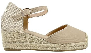 MODELISA - Sandalia Tacon Cuña Alpargata Hebilla Pulsera Tobillo Mujer (Caqui, 40)