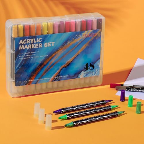 Belleza Suprema Lot de 48 marqueurs de peinture acrylique de qualité supérieure pour bois, toile, pierre, peinture sur roche, verre, surfaces en céramique, loisirs créatifs