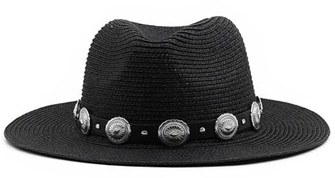 Sonnenhut Strohhut Hut Weich Geformter Strohhut Für Frauen/Männer Breiter Strand Uv-Schutz Hut 56-58Cmverstellbar Schwarz