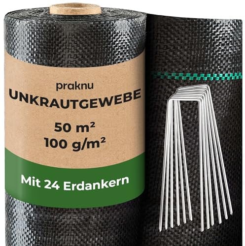 Praknu Unkrautgewebe 100g/m2 mit 24 Erdanker - 50m2 - Wasserdurchlässig & Reißfest - UV Beständige Unkrautfolie (1m x 50 Meter Rolle) - Leicht zu Verlegen - Bändchengewebe